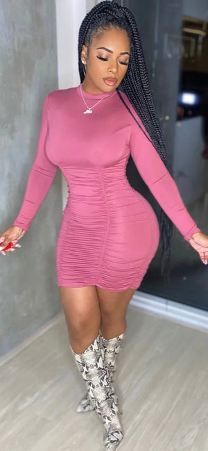 RUCHED LONG SLEEVE BODYCON DRESS