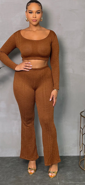 OPEN BACK STRINGS KNIT TOP & FLARE PANTS